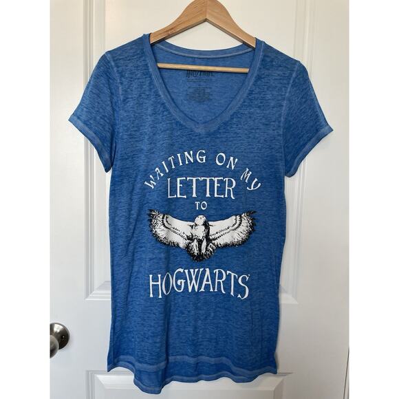Harry Potter Hogwarts Letter Heathered Blue Cap Short Sleeve V-Neck T-shirt XL - Picture 1 of 5